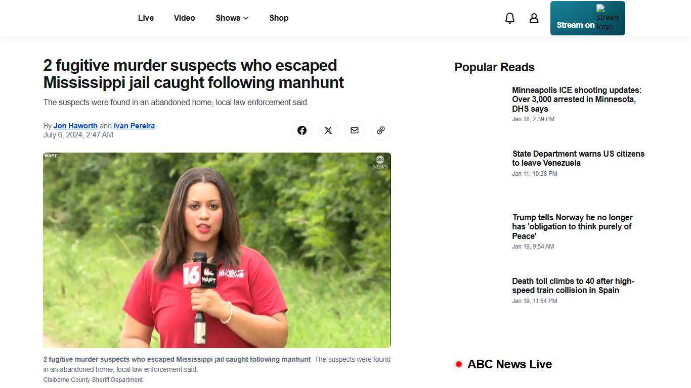 2 fugitive murder suspects who escaped Mississippi jail caught following manhunt - ABC News